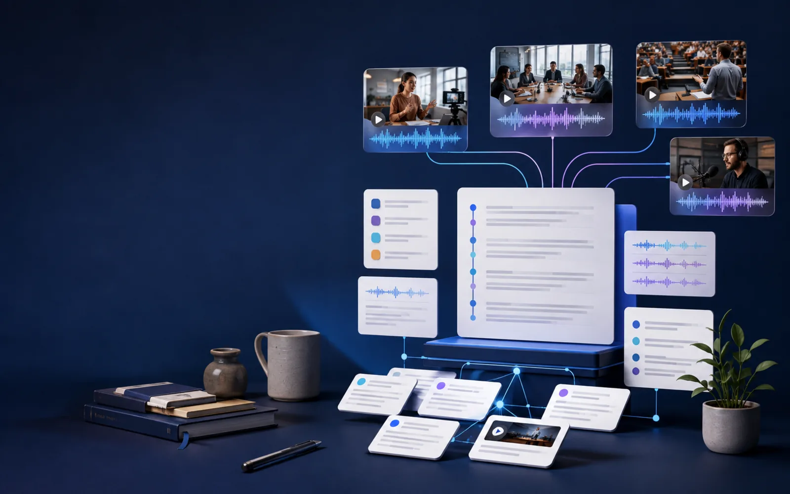 Recorded videos, meetings, lectures, and podcasts becoming an organized searchable knowledge library